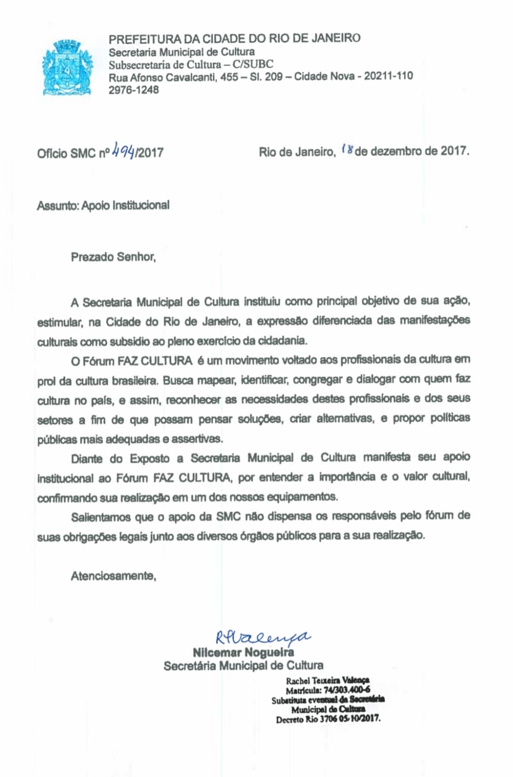 Ofício SMC nº 494/2017