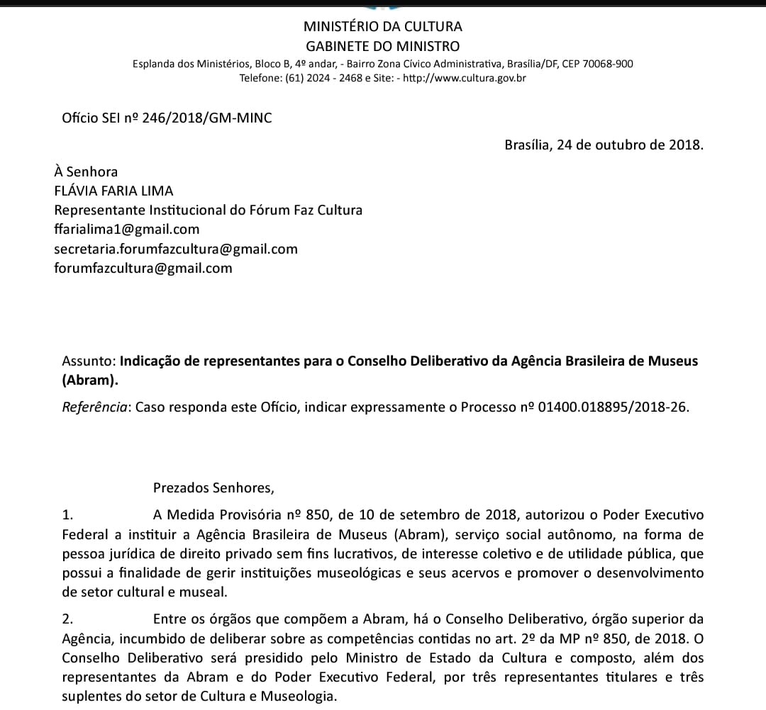Oficio SEI nº 246/2018/GM-MINC