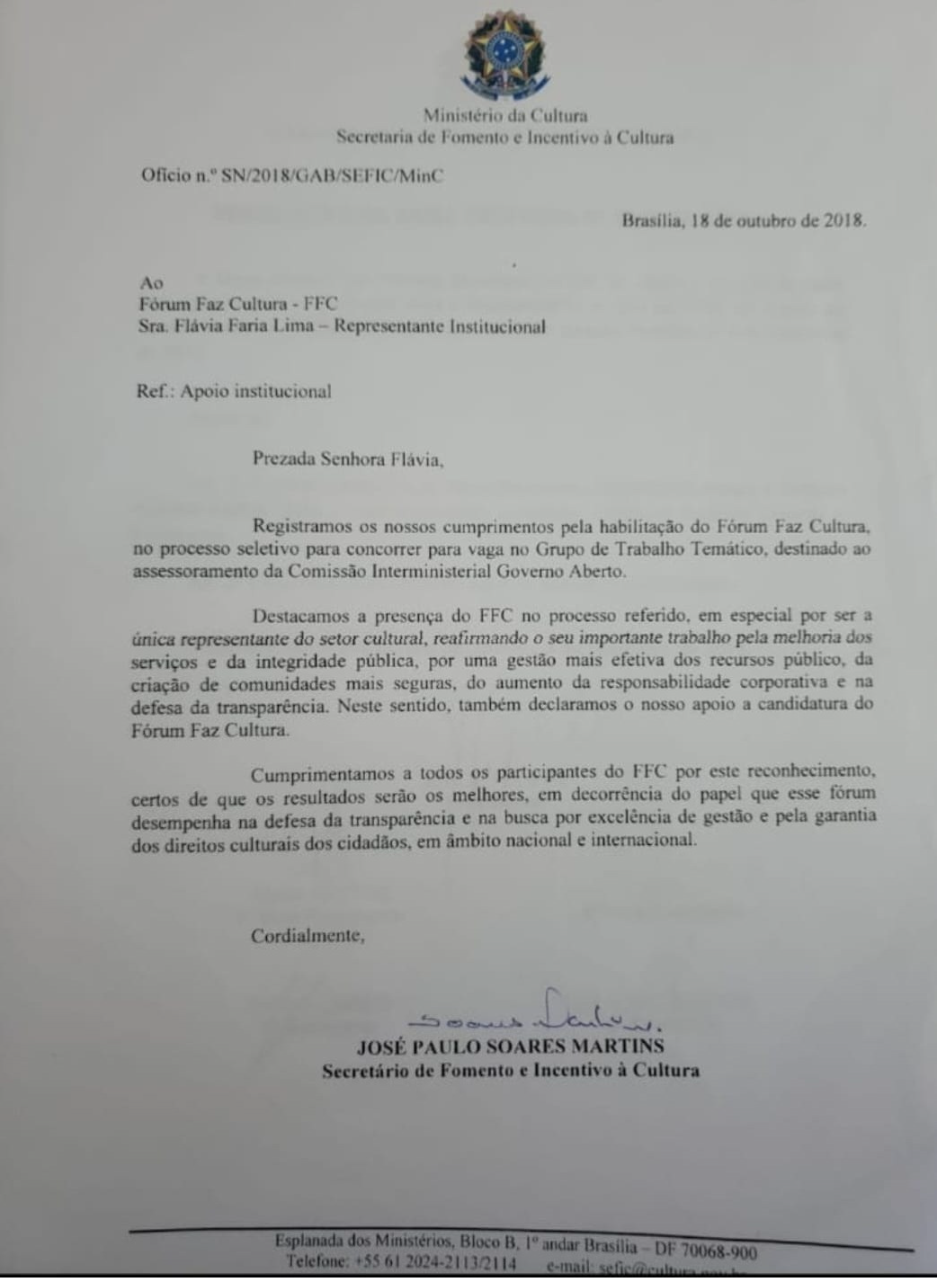 Ofício n. SN/2018/GAB/SEFIC/MinC